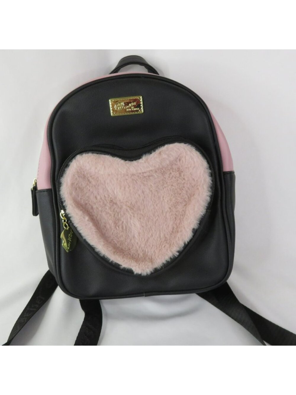 Betsey Johnson Heart Backpack Pink Black Faux Fur 2 Compartment
